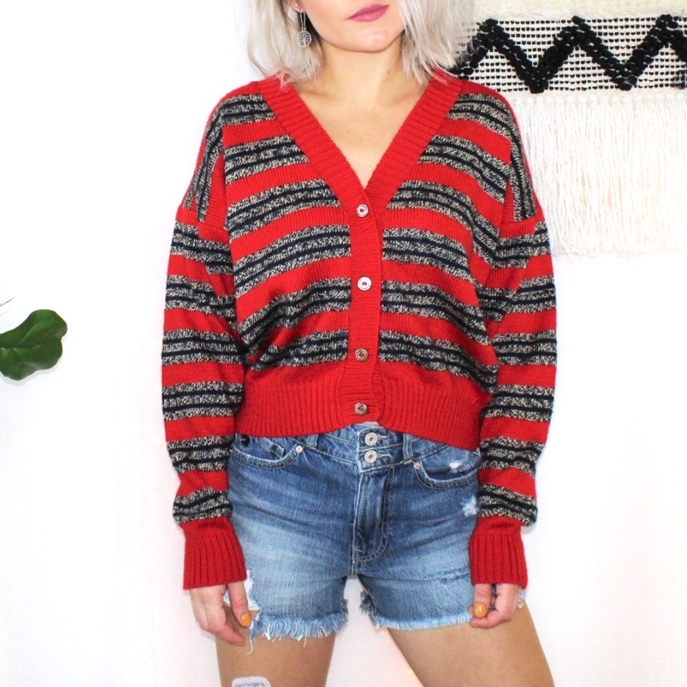 SOLD Vintage Front Button Striped Cardigan Sweater - Picture 1 of 7